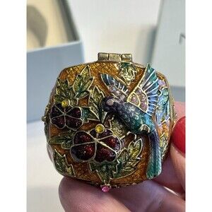 Vtg Monet Hummingbird Floral Enameled Jeweled Hinged Trinket Treasure Pill Box
